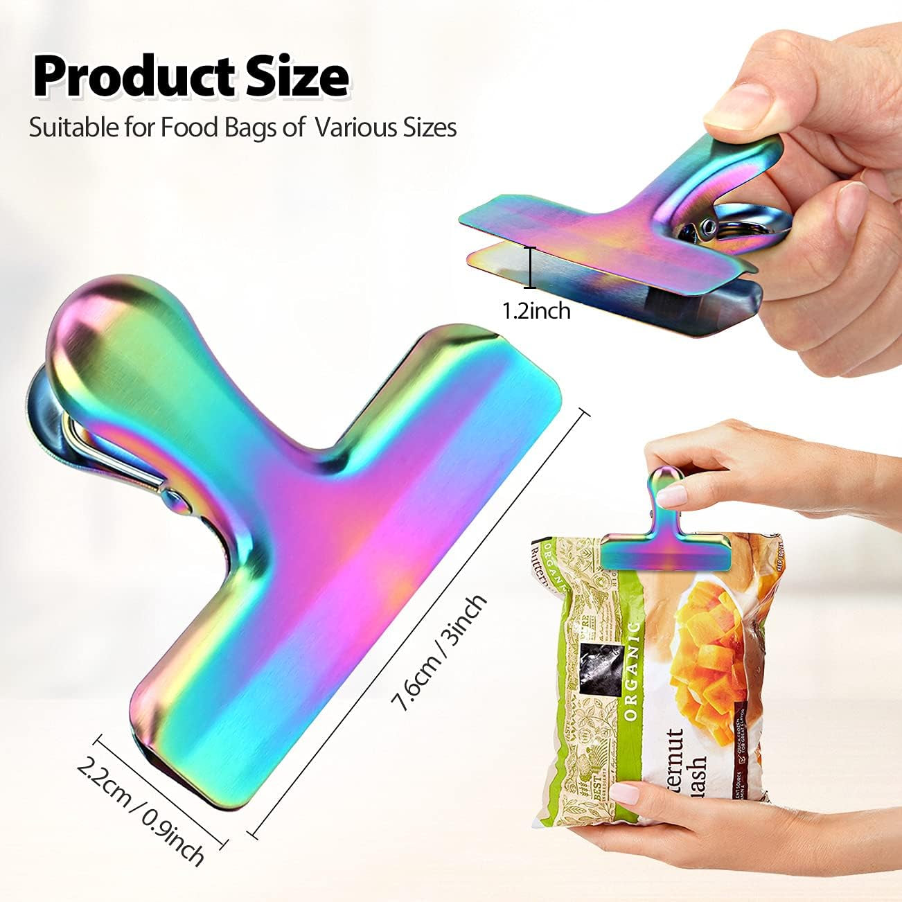 Pack of 8 Bag Clips, Stainless Steel and Heavy Duty Metal Bag Clip,Tightly Seals Chip, Coffee, Bread or Cereal Bags to Keep Food Fresh, for Home, Kitchen, Office, Pantry, Camping (Rainbow)
