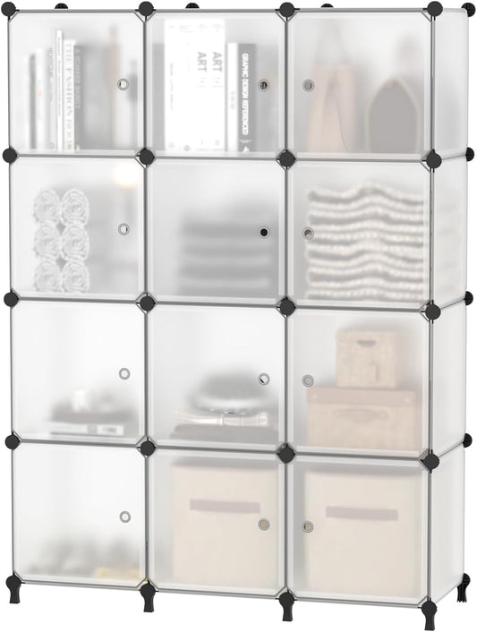 12 Cube Storage Organizer with Doors, DIY Plastic Closet Shelf, Modular Bookshelf, Stackable Shelving Rack for Bedroom, Living Room, Translucent ULPZ011