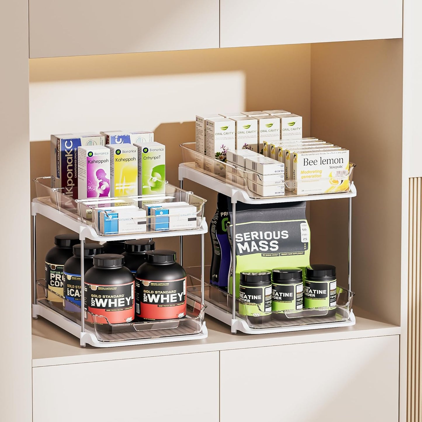 2 Sets of 2-Tier Multi-Purpose Bathroom under Sink Organizers and Storage, Stackable Kitchen Pantry Organization, Pull Out Medicine Cabinet Organizer with 8 Movable Dividers