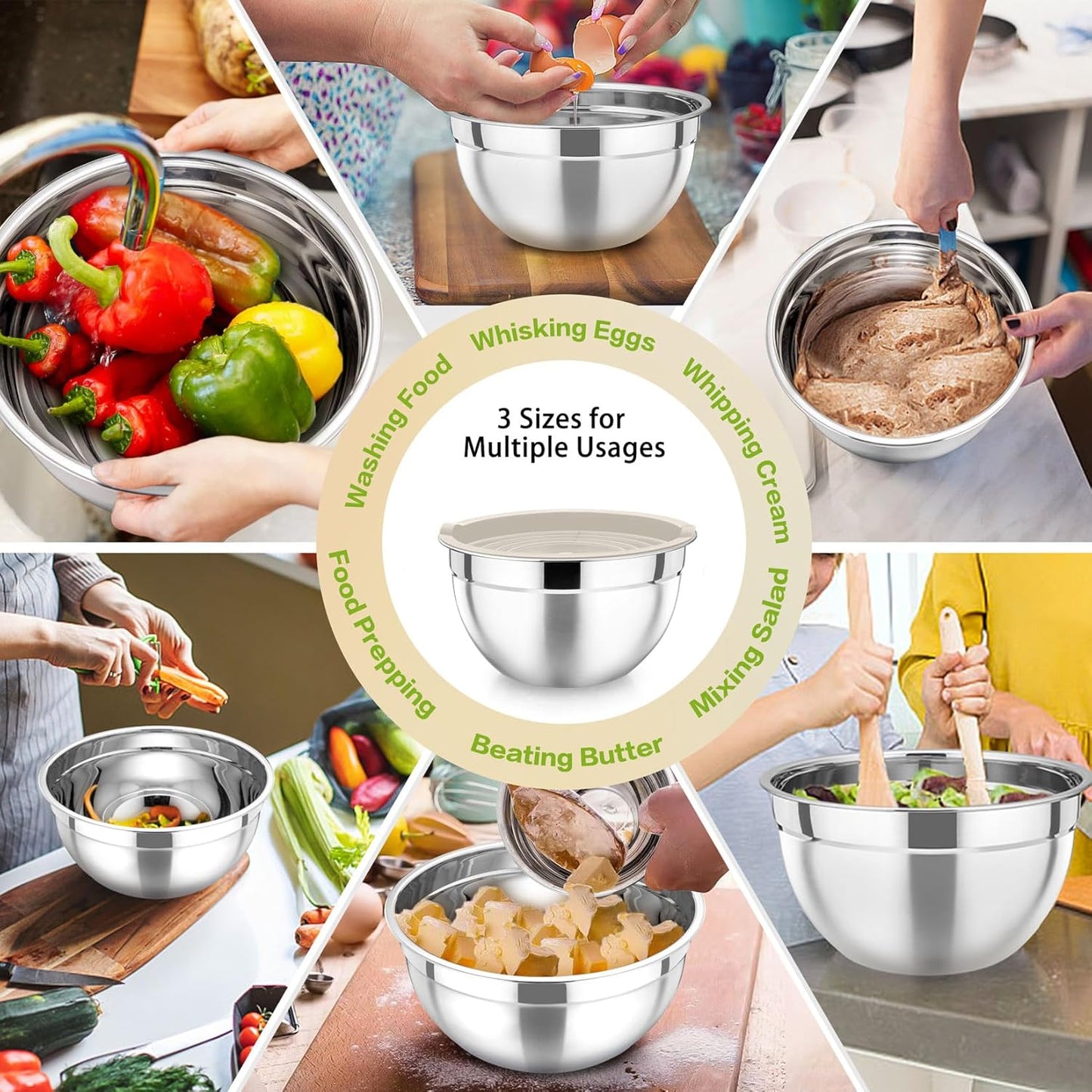 Khaki Mixing Bowls with Lids, Set of 3, Stainless Steel Salad Nesting Bowl for Mixing, Storing, Prepping, Airtight & Stackable, Size 4.6/3 /1.5 QT