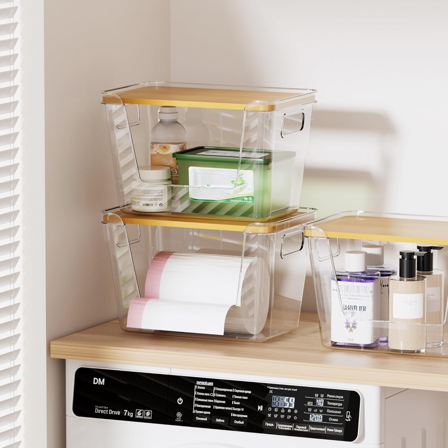 2 Pack Trash Bag Dispenser with Bamboo Lid,Clear Plastic Garbage Bag Organizer for 4-33 Gal Bags,Space-Saving under Sink Organizer for Kitchen, Laundry, Pantry