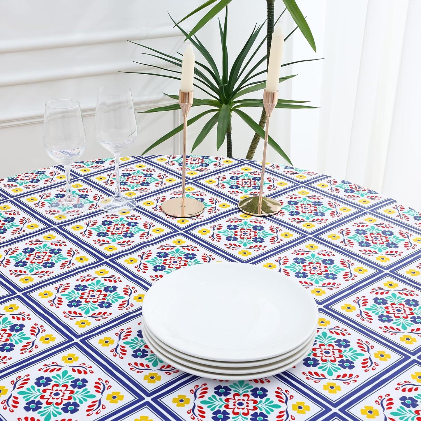 round Fitted Tablecloth with Elastic Edge, 100% Waterproof Oil Proof Plastic Table Cover, Vinyl Flannel Backed Tablecloth Fits 36"-44" round Tables for Dinner, Outdoor, Picnic, Geometric Flower