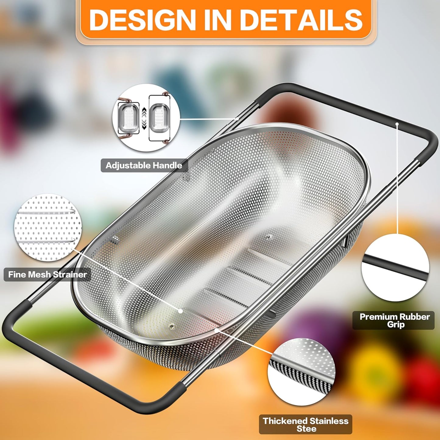 Expandable Over-the-Sink Colander with Rubber Grip - Fine Mesh Strainer for Vegetables, Fruits, and Pasta - Essential Kitchen Tool (9.5W x 13.4-21.3L x 3.3H)