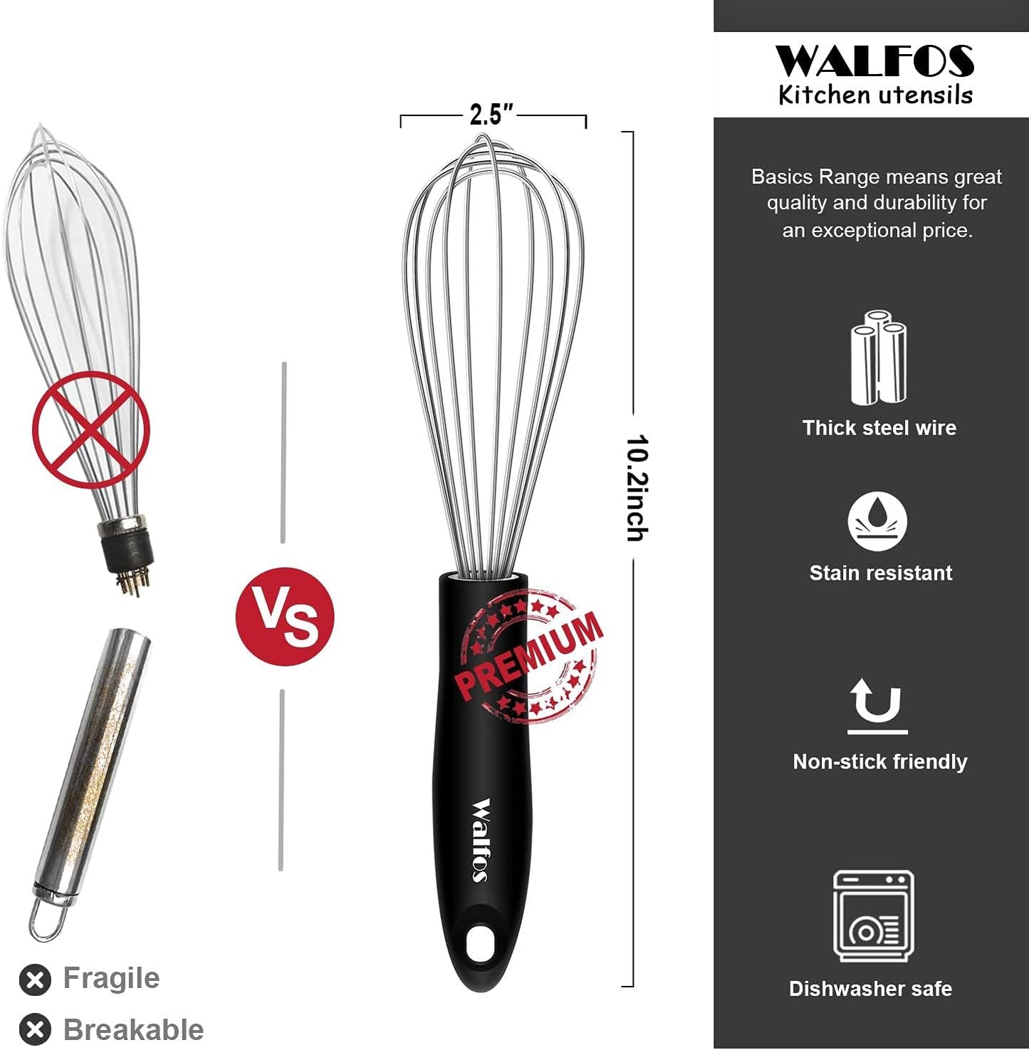 Stainless Steel Whisk - Kitchen Balloon Whisk, Thick Stainless Steel Wire & Strong Handles, Egg Frother for Cooking, Blending, Whisking, Beating and Stirring (10 Inches)