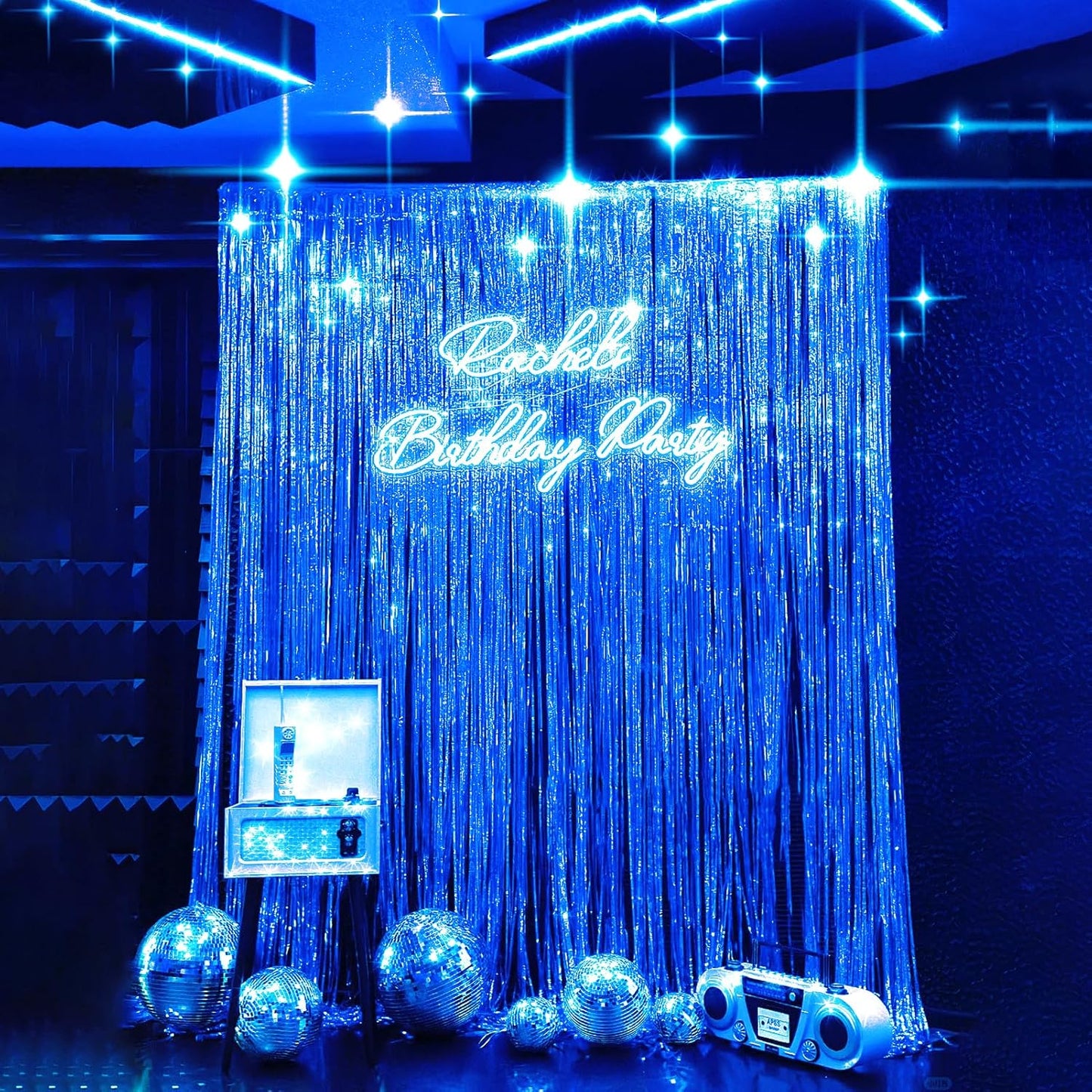 Curtain Decorations,Metallic Tinsel Foil Fringe Curtain,Blue Foil Fringe Tinsel Curtain for Birthday/Graduation/Bachelorette/Halloween/Christmas/New Year/Disco Party Decorations