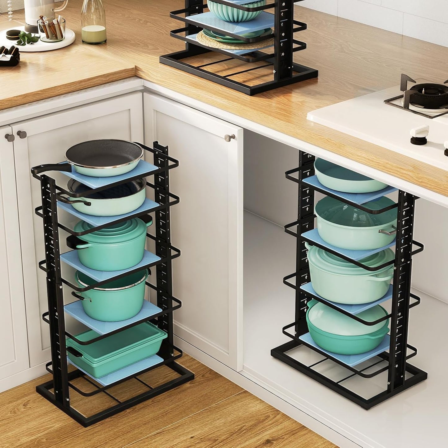 Pots and Pans Organizer for under Cabinet, 6-Tier Heavy Duty Adjustable Pan Pot Organizers inside Cabinet, Pot Rack for Kitchen Cabinet Organizers and Storage Black Holds 66 Lbs