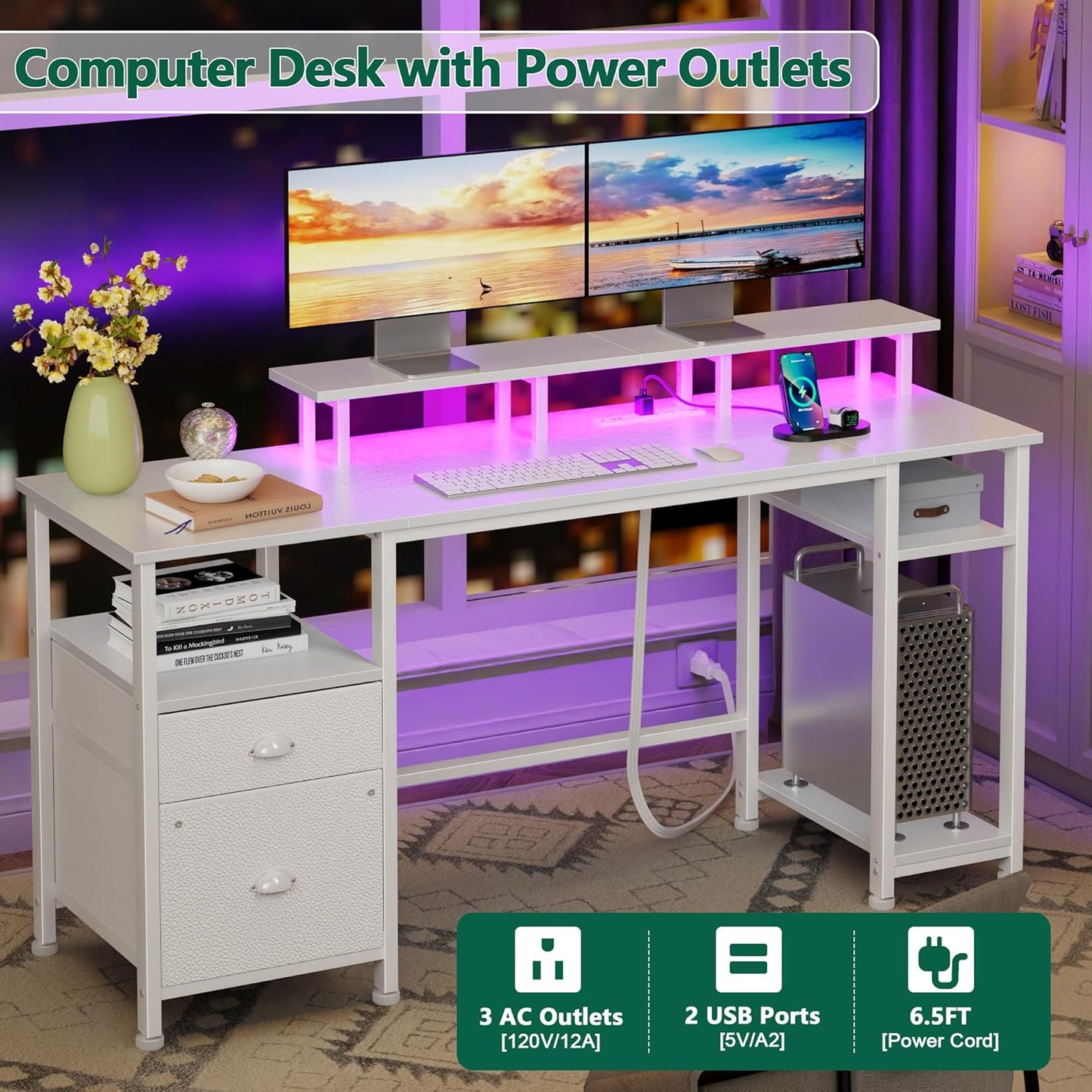 61" Computer Desk with Power Outlet and LED Lights, Reversible Gaming Desk with File Cabinet & Monitor Stand for Home Office, Large Work Table with Storage Shelves & Drawer, White
