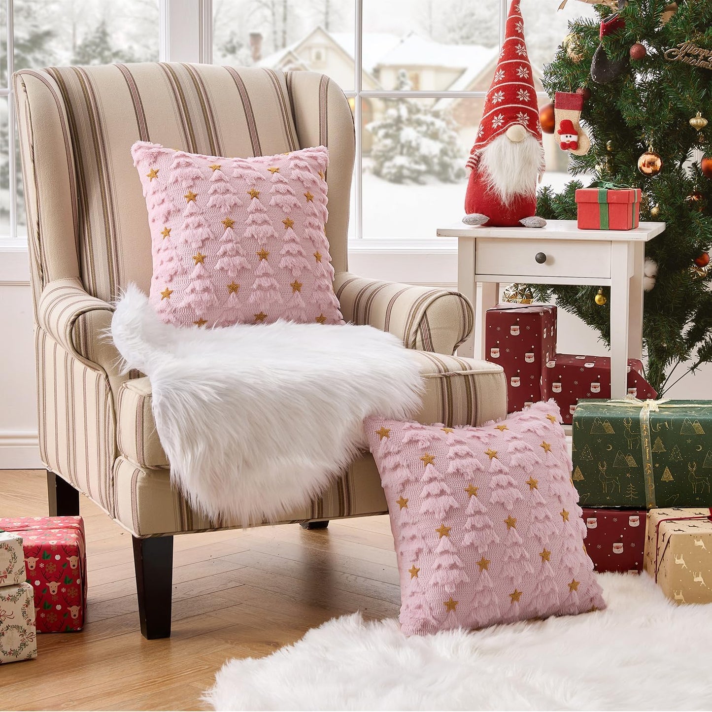 Christmas Pillow Covers 18X18 Inch Set of 2, Pink Christmas Tree Plush Faux Fur Pillowcases Soft Decorative Throw Pillow Cases for Couch Sofa Living Room Winter Xmas Holiday Home Decor