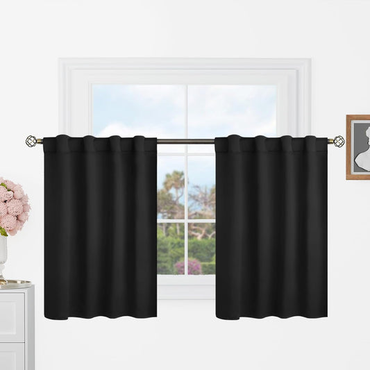 Black Small Kitchen Window Curtains over Sink - 36 Inch Length Rod Pocket and Back Tab Thermal Insulated Short Curtains for Cafe/Rv Camper/Bathroom, 2 Panels, Each 34 X 36 Inch