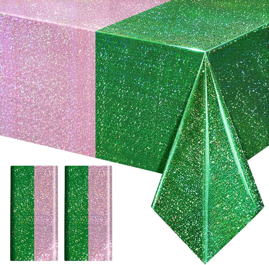 2-Pack Iridescent Green and Pale Pink Holographic Tablecloths 40x108" - Shiny Plastic Table Covers for Celebrations, Baby Showers, Birthdays, Weddings, Anniversaries, Bachelorette Parties, and Holiday Events