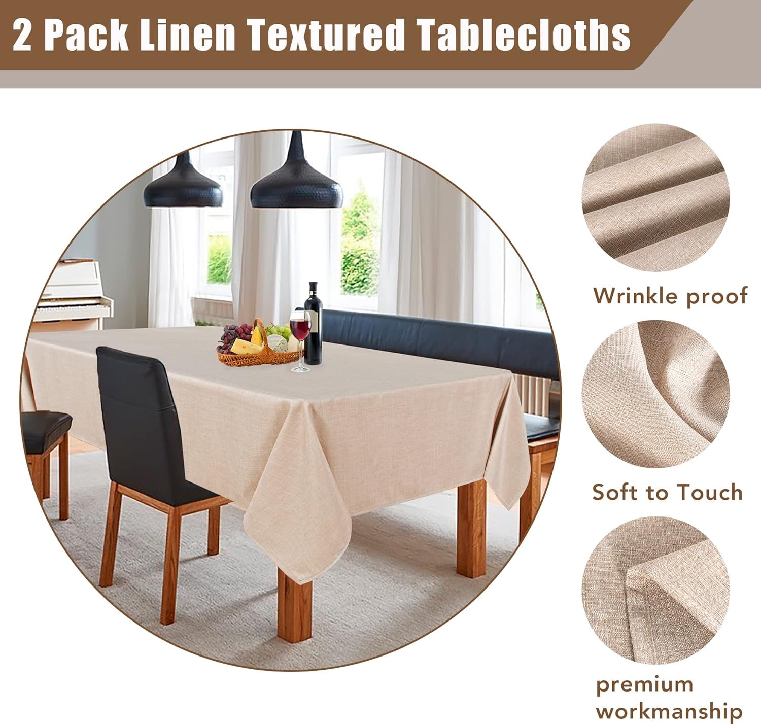 Faux Linen Beige Tablecloths 60 x 84 Inch - Set of 2 Neutral Covers for Rectangular Tables, Ideal for Dining, Weddings, Parties, Farmhouse Decor, and Outdoor Picnics
