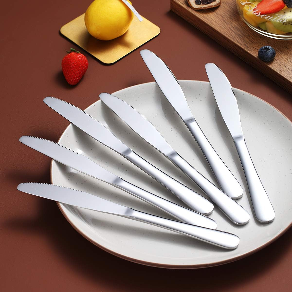 Set of 6 Stainless Steel Dinner Knives - Shiny Mirror Finish, Durable Butter Knife Spreaders, Dishwasher Safe