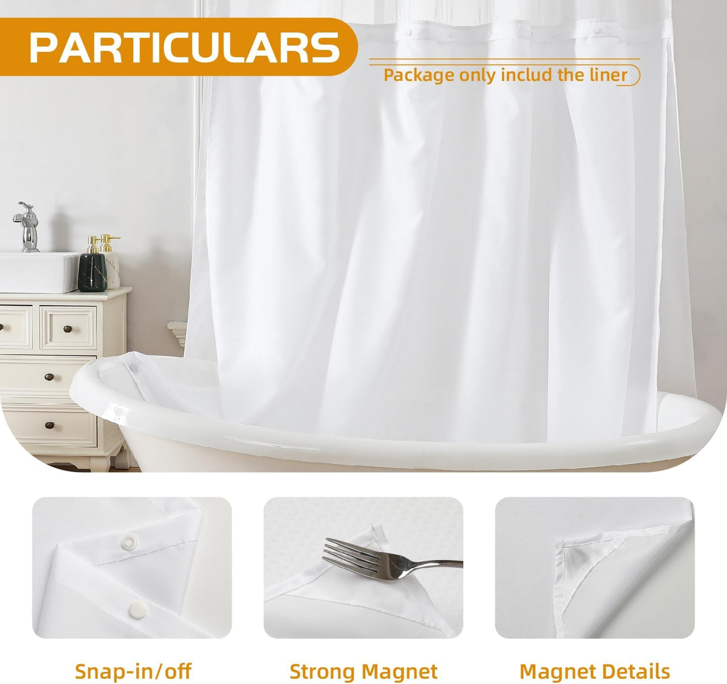 1 Pack Fabric Snap-In Shower Curtain Liner Replacement,Compatible with No Hook Shower Curtain with Snap in Liner, Removable & Water-Repellent,Machine Washable,70X54,White