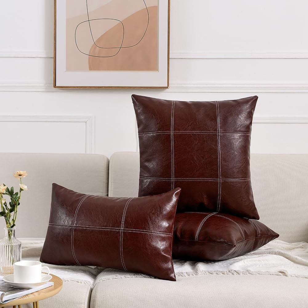 2 Packs Burgundy Boho Lumbar Plaid Faux Leather Decorative Throw Pillow Covers 12X20 Inch for Couch Bed Sofa, Hand Stitched Rectangle Cushion Case, Rustic Modern Farmhouse Home Décor