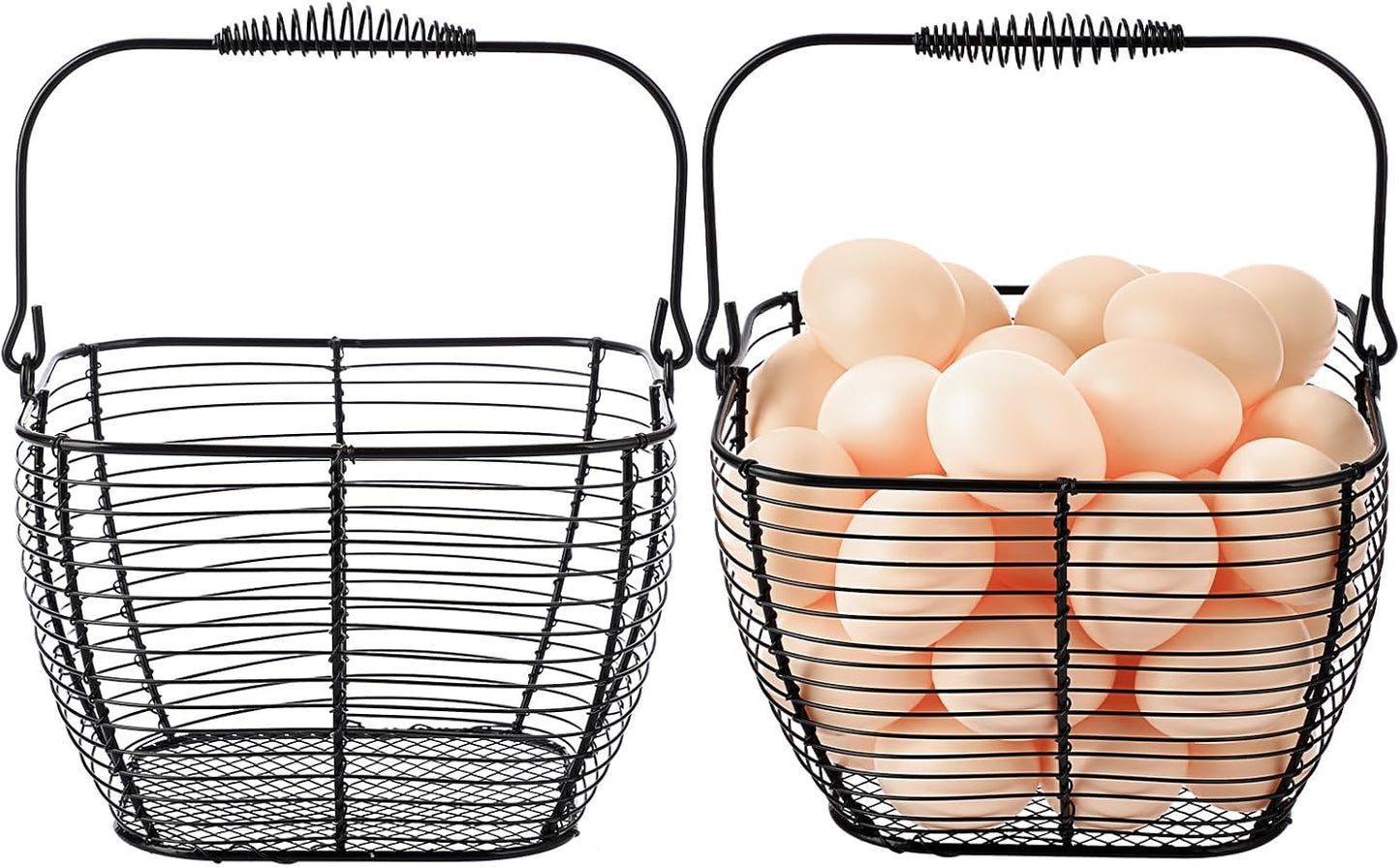 Set of 2 Black Square Wire Egg Baskets with Handles - Ideal for Collecting Fresh Chicken and Duck Eggs, Countertop Storage Solution