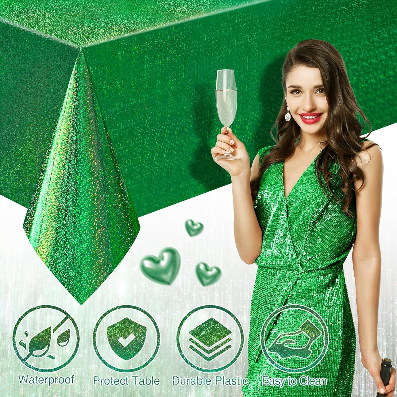 Set of 2 Dark Green Holographic Foil Tablecloths - 54x108 Durable Table Covers for Elegant Events, Ideal for Parties, Weddings, and Showers