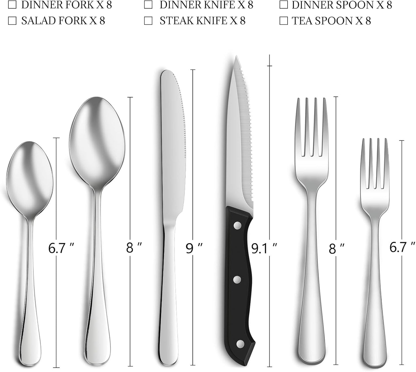30-Pack Silverware Set with Steak Knives, Food-Grade Dishwasher Safe, Stainless Steel Utensils Set Includes Spoons Forks Knives for Home Restaurant Hotel