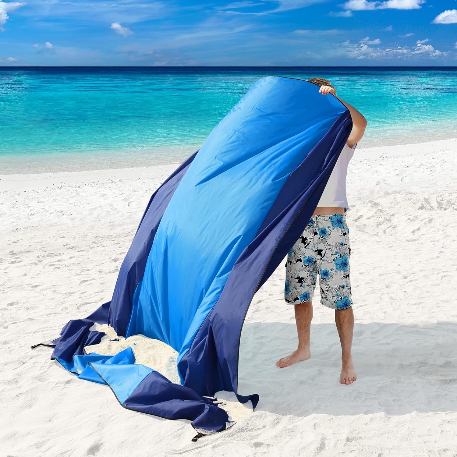 Beach Blanket Waterproof Sandproof, Extra Large 78" X 82" Beach Mat Oversized for 4-7 Adults, Portable Beach Accessories Lightweight Outdoor Blanket for Picnic, Travel, Camping, Hiking(Blue)