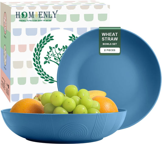 Wheat Straw Serving Bowls Set of 2 - 60 OZ Large Capacity, Microwave and Dishwasher Safe, Ideal for Kitchen, Camping, and Picnics (Blue)