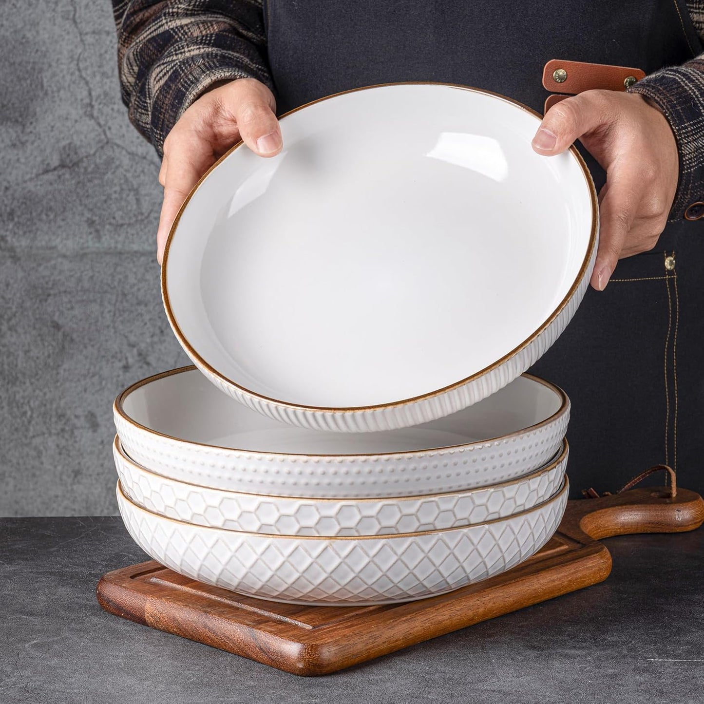 Set of 4 Off-White 9.5'' Large Stoneware Pasta and Salad Bowls - 42 Ounce Ceramic Serving Bowls with Textured Design for Pasta, Fruit, Stews, and Noodles - Ideal Housewarming Gift
