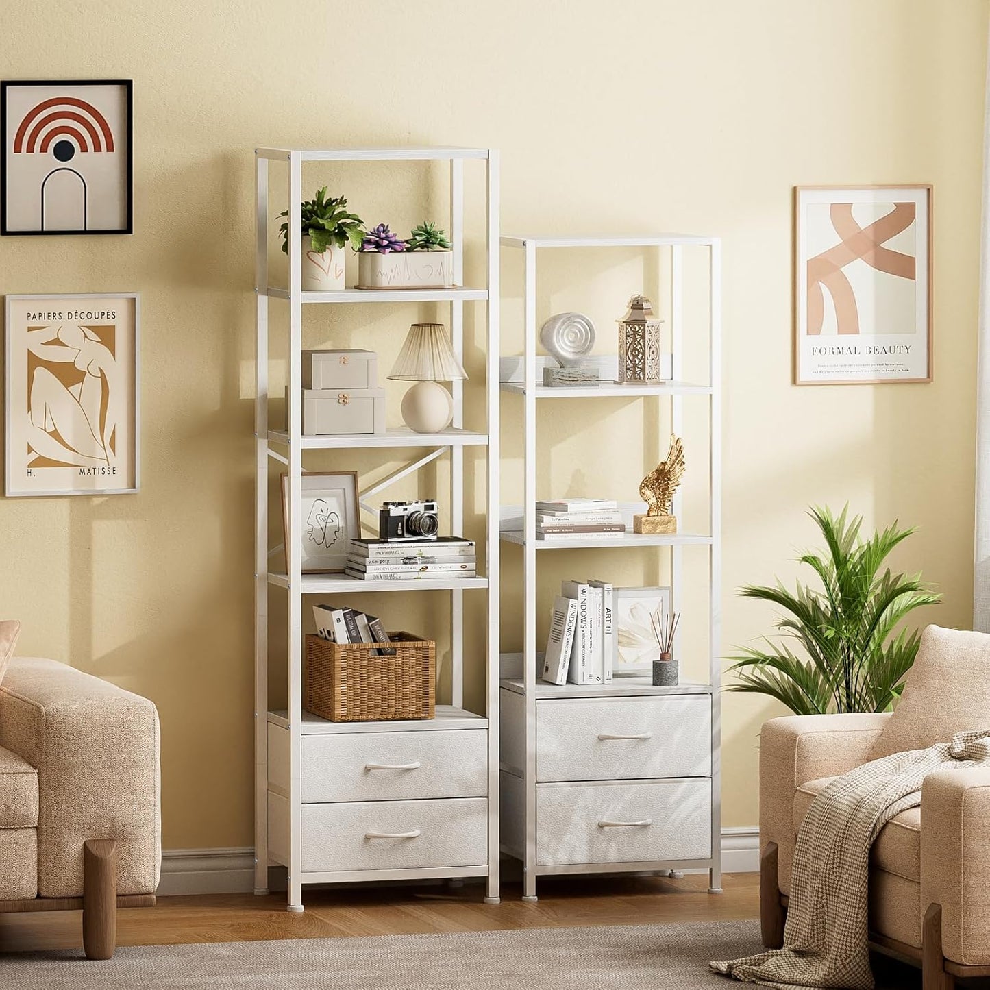 5-Tier Corner Shelf with 2 Storage Drawers, Tall Wood Display Bookcase and Organizer Unit for Living Room and Bedroom, Metal Frame (White)