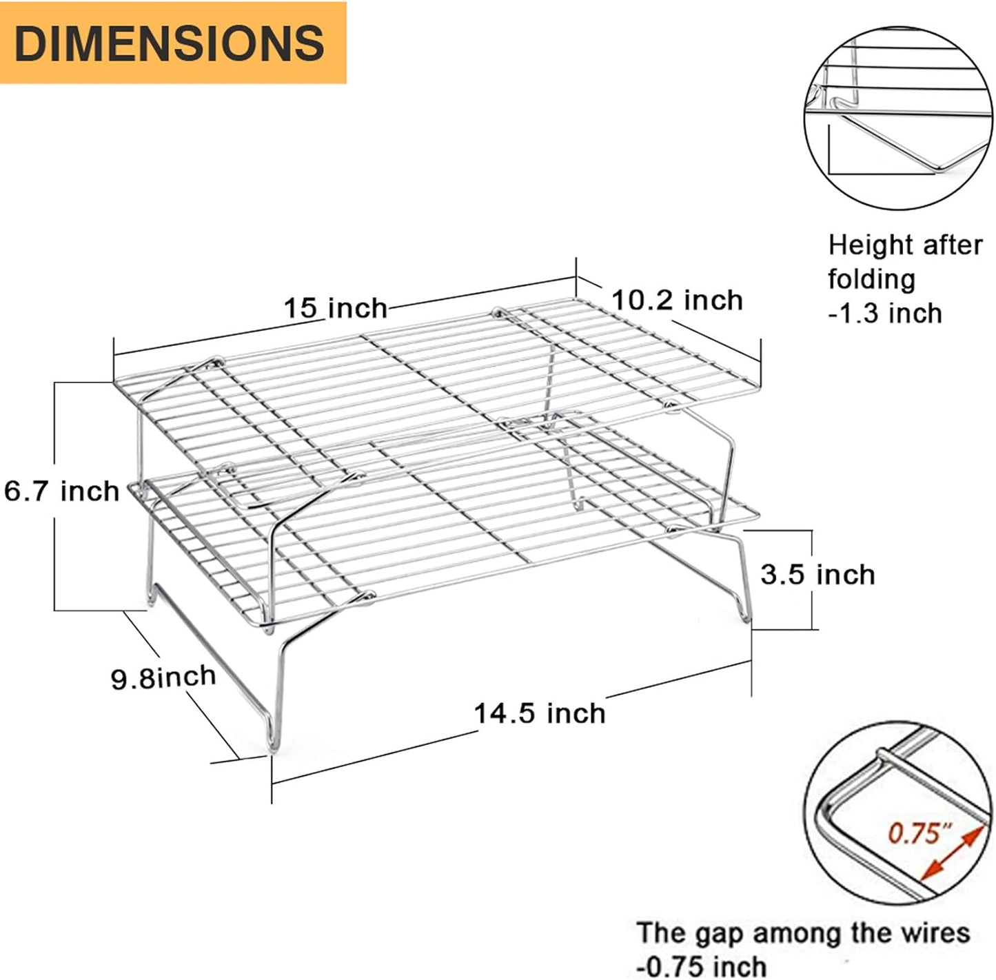 Cooling Rack Set of 2, 2-Tier Stackable Stainless Steel Wire Racks for Baking Cooking Cooling Roasting, Collapsible & Heavy Duty, Oven Safe & Easy Clean, 15" X 10", Silver
