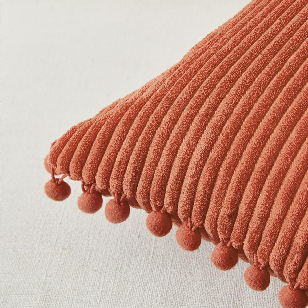 Pack of 2 Burnt Orange Decorative Throw Pillow Covers 18X18 Inch with Pom-Poms for Couch Bed Living Room Bedroom, Soft Corduroy Solid Square Cushion Case 45X45 Cm, Boho Fall Home Decor