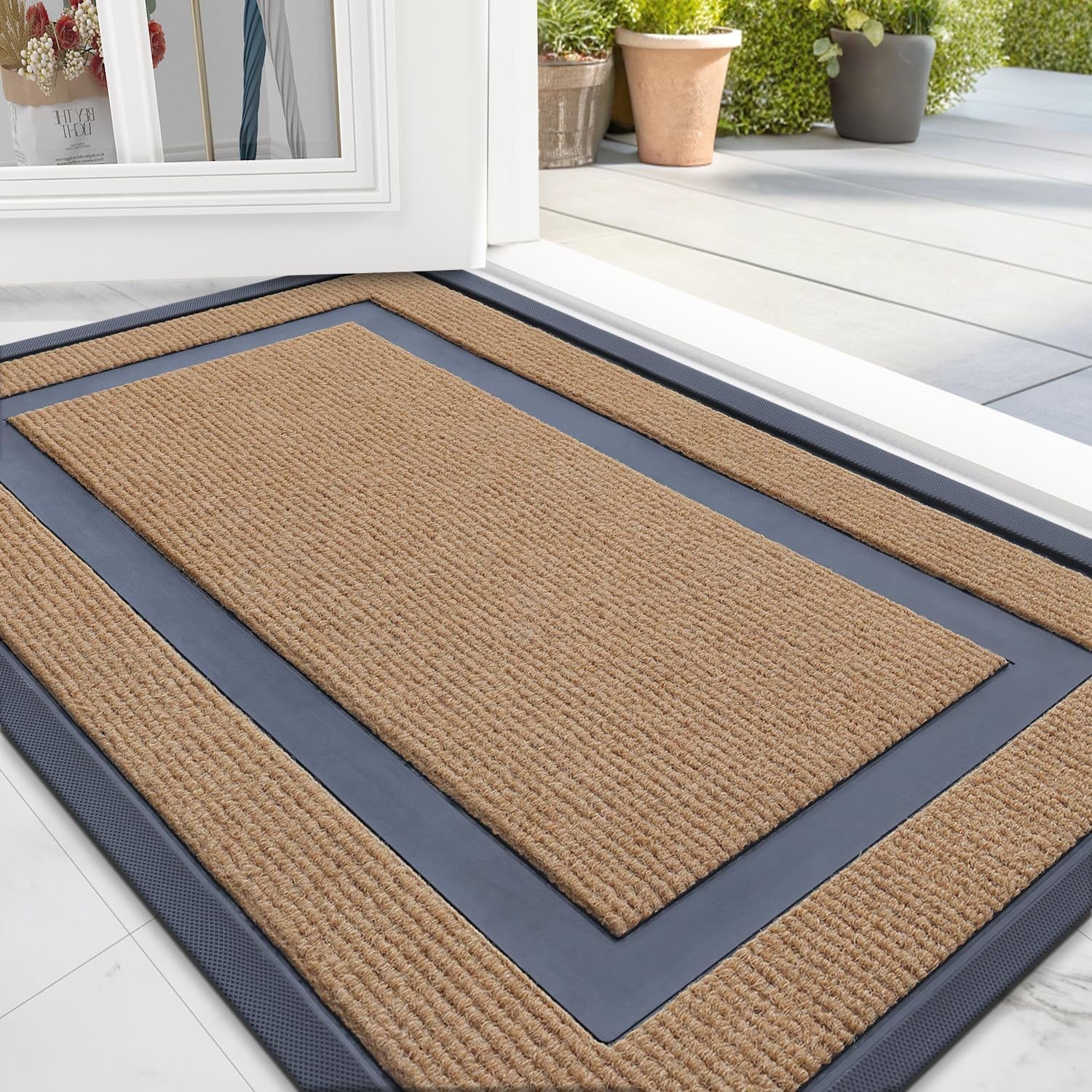 Front Door Mat Indoor Outdoor Entrance, Waterproof All-Season, All-Weather Doormat, Sturdy Natural Rubber, Fade Resistant, Low Profile, Easy Clean Patio Porch Entryway Mat, 29.5X17, Light Brown