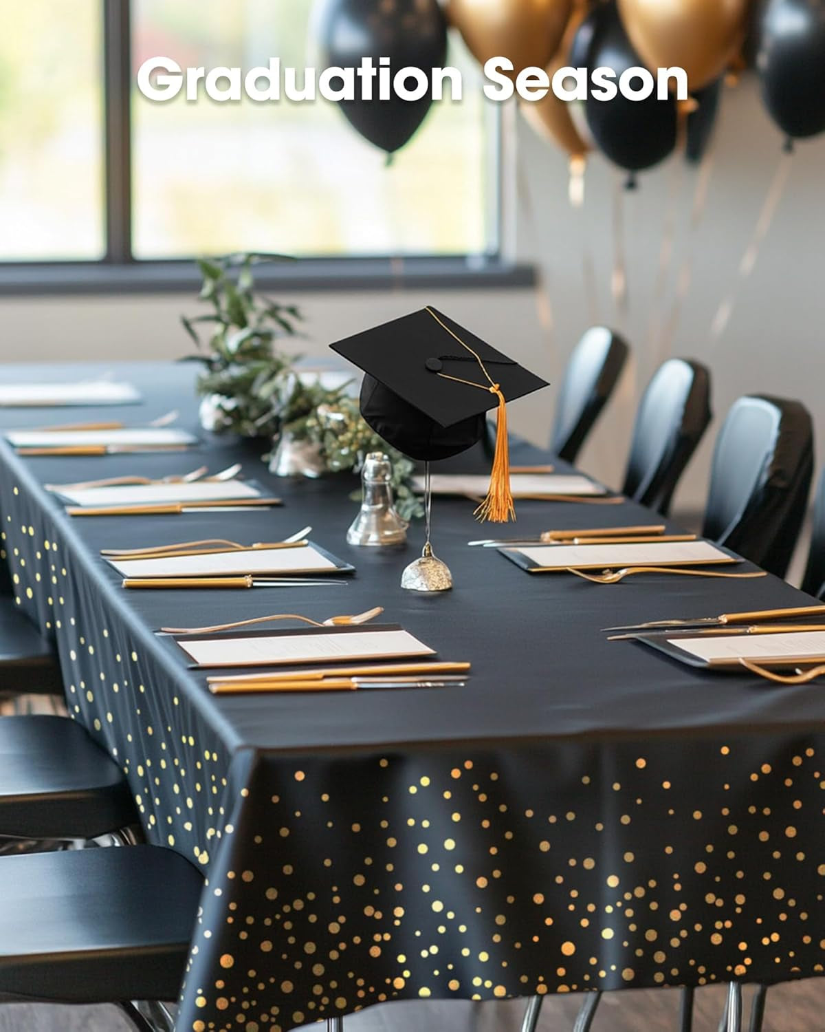 Plastic Table Cloth Disposable 10 Pack, 54 X 108 Inch Table Cloths, Graduation Decorations Class of 2025, Graduation Tablecloths, Rectangle, Plastic Cover, Leakproof & Sturdy, Black and Gold