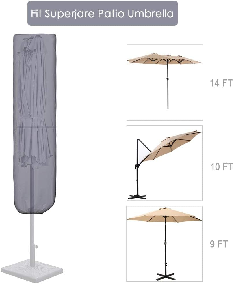 Premium Waterproof Patio Umbrella Cover with Rod for 7 to 11 Ft and 15 Ft Double-Sided Umbrellas, 600D Fabric, Gray with Zipper