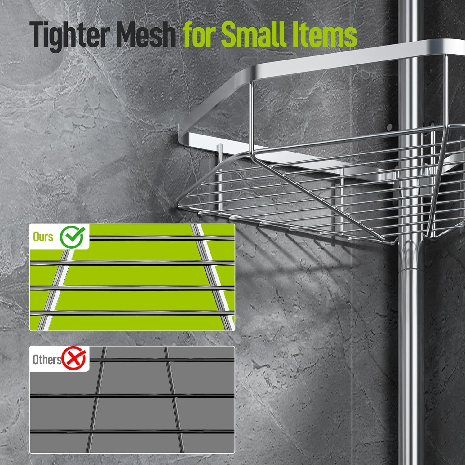 Corner Shower Caddy Tension Pole, Stainless Steel Shower Organizer, Strong Spring, 4 Adhesive Pads, 2.4" Non-Slip Grid Base, Adjustable 4-Tier Basket, 4 Hooks, Fits Heights 37.8-124", Silver