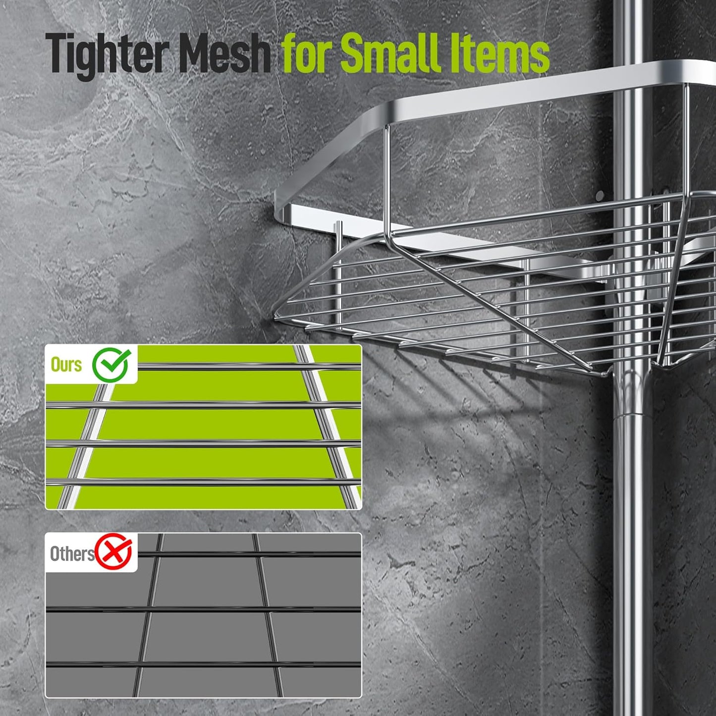 Corner Shower Caddy Tension Pole, Stainless Steel Shower Organizer, Strong Spring, 4 Adhesive Pads, 2.4" Non-Slip Grid Base, Adjustable 4-Tier Basket, 4 Hooks, Fits Heights 37.8-124", Silver