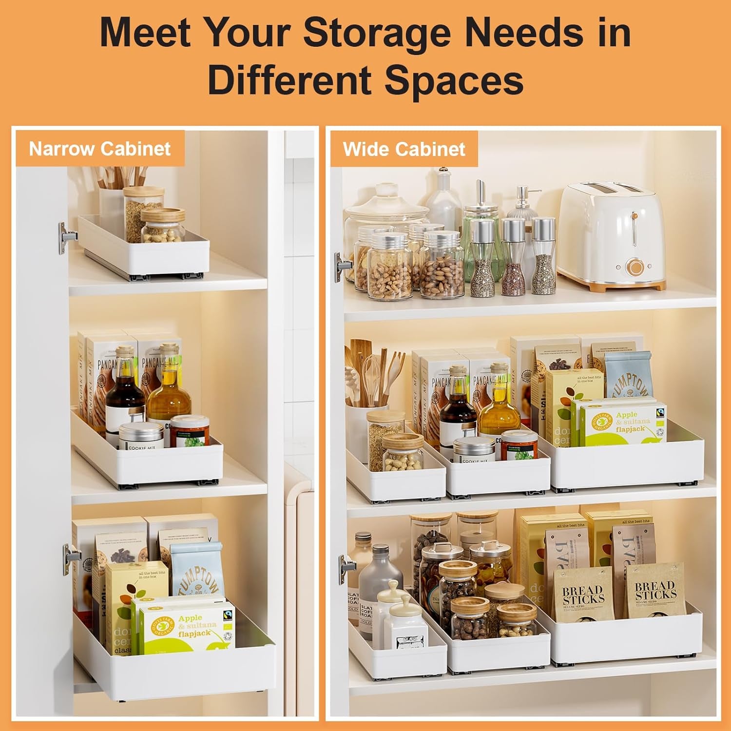 3 Pack Pull Out Cabinet Organizer, 15.7"Deep Pull Out Drawers for Cabinets, Slide Out Drawers for Kitchen Cabinets, Bathroom Cabinet Organizer, Pantry (White)