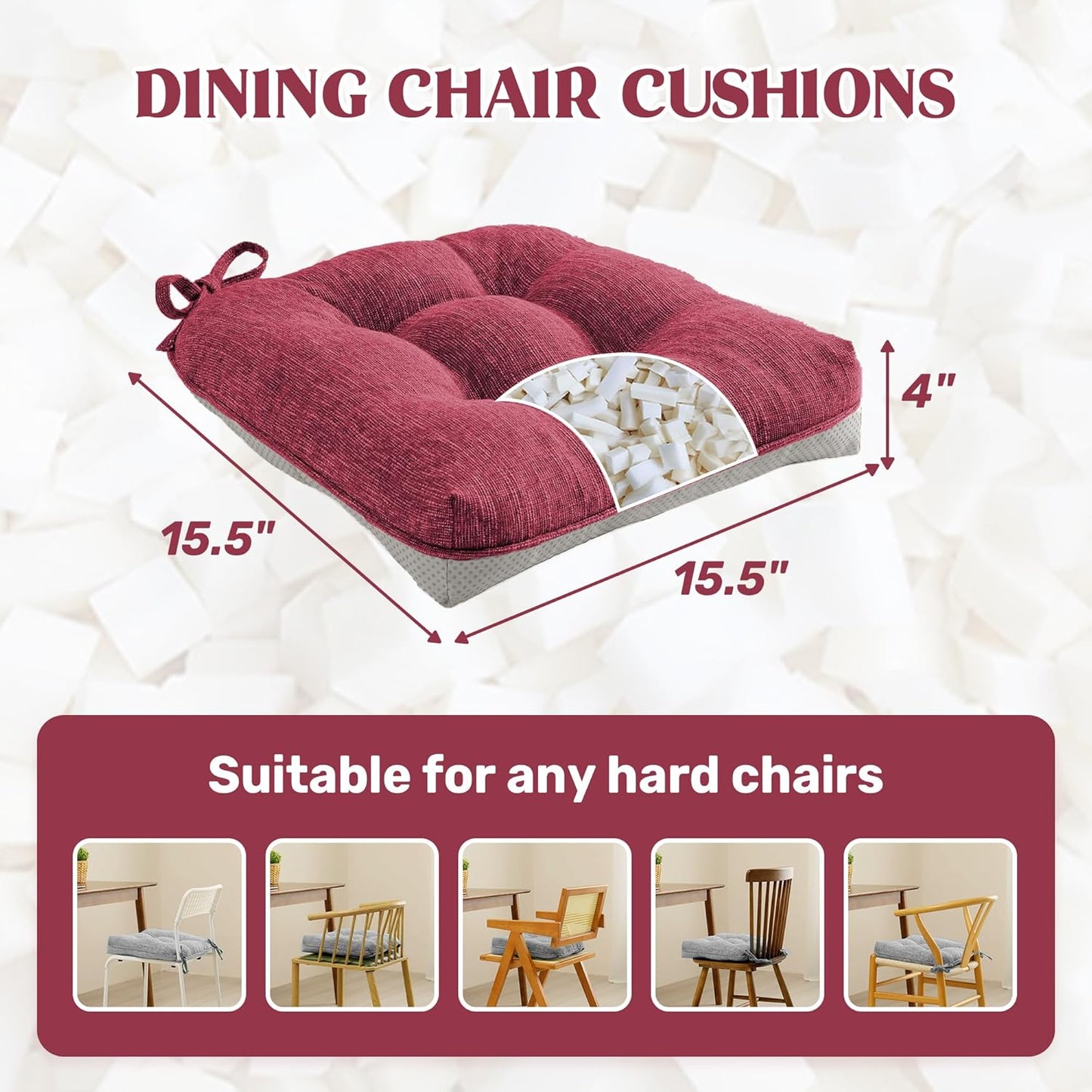 ® Chair Cushions for Dining Chairs, Tufted Memory Foam Chair Pads with Non-Slip Backing, Kitchen Seat Cushions with Ties, Washable Pads Set of 4, 15.5" X 15.5" X 4", Wine