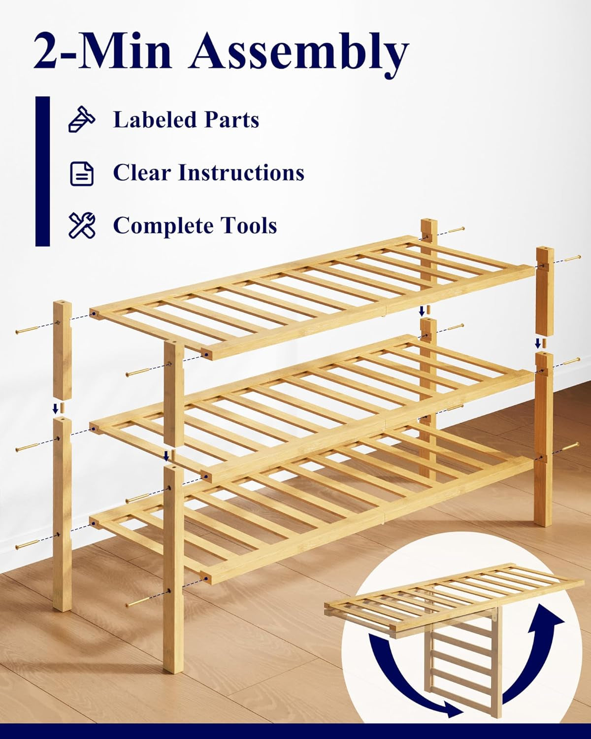 Bamboo Wooden Shoe Rack for Closet - Stackable Shoe Organizer with Modular Structure, Space-Saving Shoe Shelf for Entryway, Living Room, Bedroom, 26.8" X 11" X 18.9", Natural