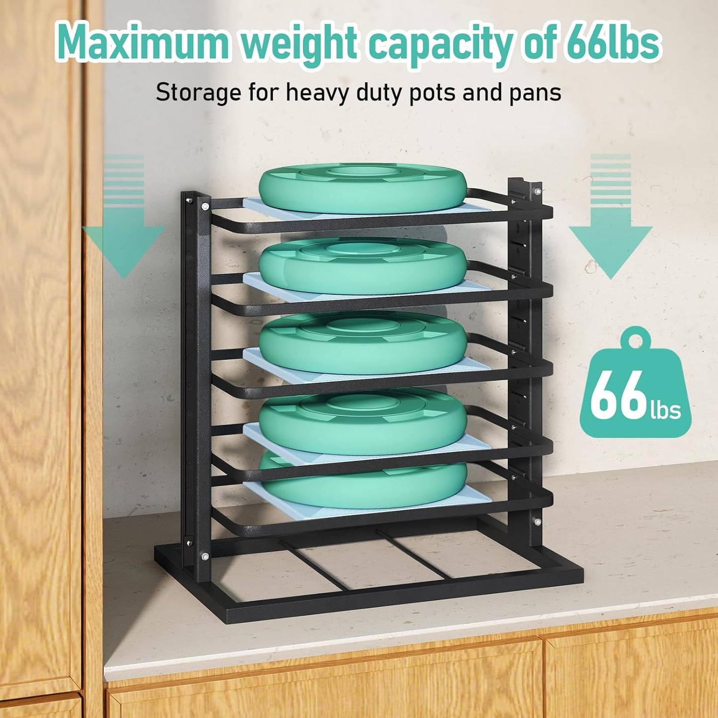 Pots and Pans Organizer for under Cabinet, 6-Tier Heavy Duty Adjustable Pan Pot Organizers inside Cabinet, Pot Rack for Kitchen Cabinet Organizers and Storage Black Holds 66 Lbs