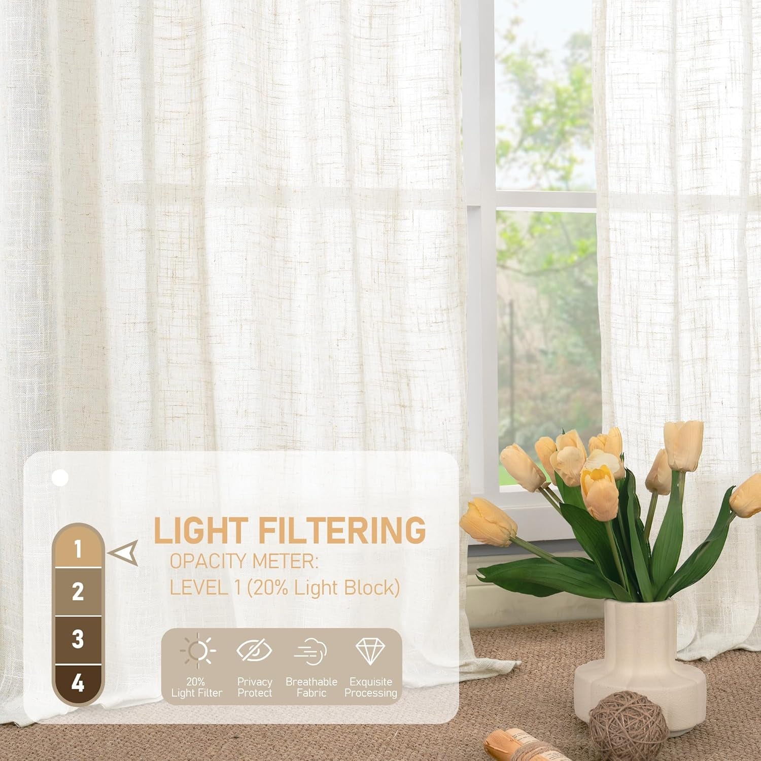 Linen Semi Sheer Curtains 63 Inch Length 2 Panels, Light Filtering Neutral Window Bedroom Curtains Farmhouse Boho Bronze Grommet Drapes for Kitchen/Living Room, Cream, 34 X 63 Inch