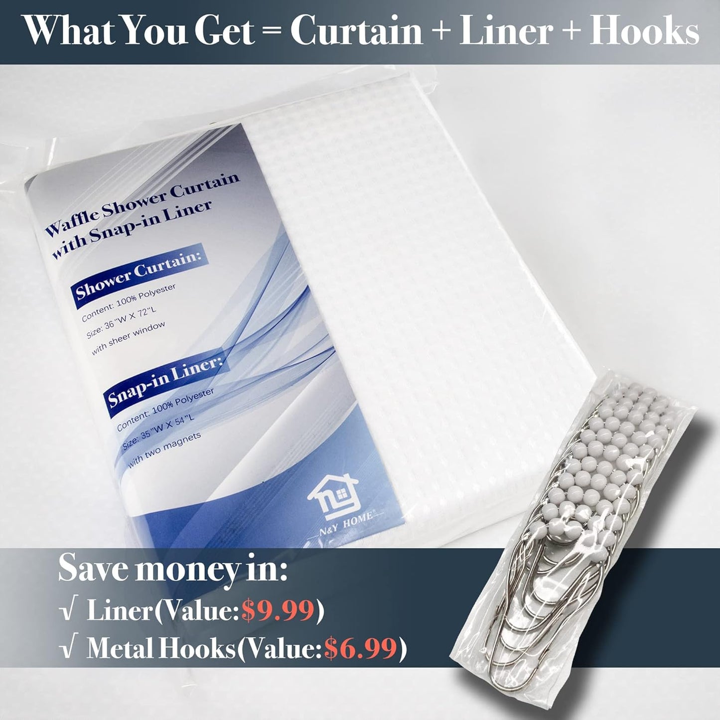 Stall Waffle Weave Shower Curtain with Snap-In Fabric Liner & Hooks Set - 36" X 72" Small Shower Stall Size, Hotel Style & Mesh Top Window, Machine Washable - 36X72, White