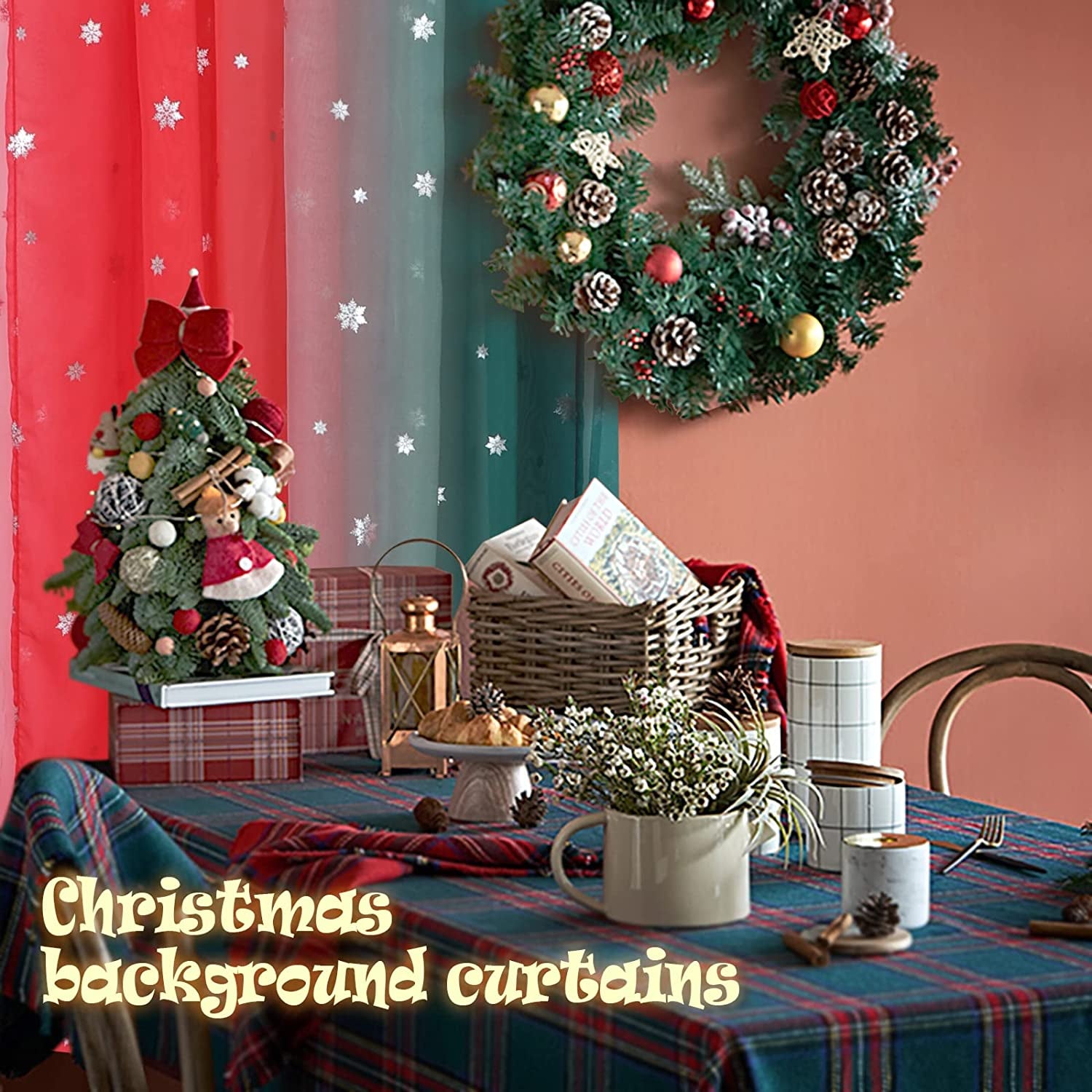 Christmas Party Scarf Curtains Snow Print Window Decoration for Living Room, Soft Ombre Sheer Voile Scarf Valance for Window, Set of 1 Panel (52 X 144 Inch, Red and Green)