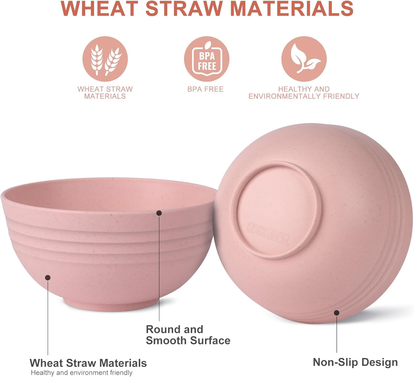 Unbreakable Wheat Straw Cereal Bowls - Microwave & Dishwasher Safe Soup and Salad Bowls, Set of 8, 26Oz, BPA Free,Pink