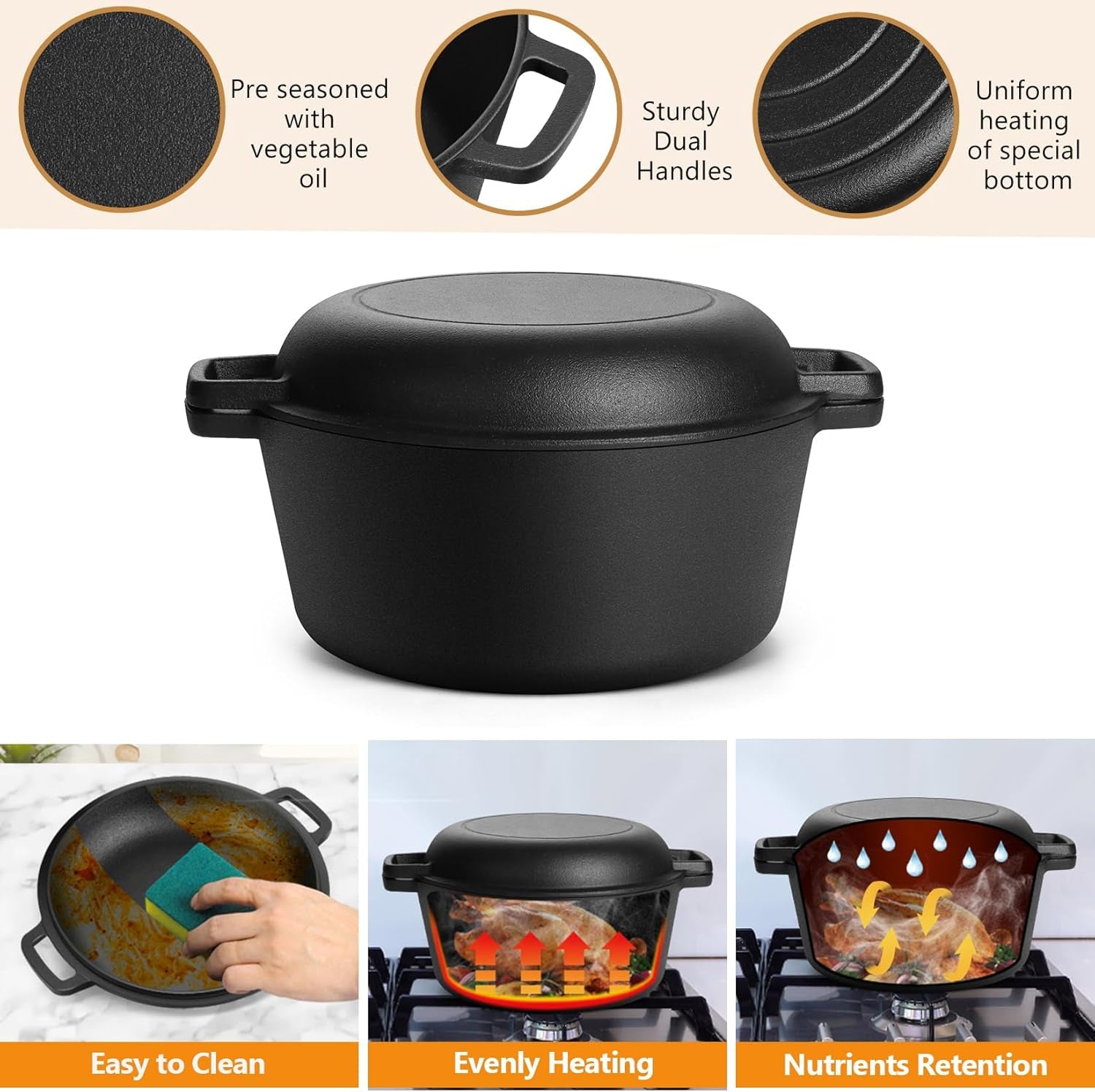 5Qt Dutch Oven Pot for Bread Baking (Black), 2 in 1 round Cast Iron Dutch Oven with Lid Set, Skillet & Pot for Roasting Braising Stewing Frying Simmering, Multi Stoves & Oven Safe
