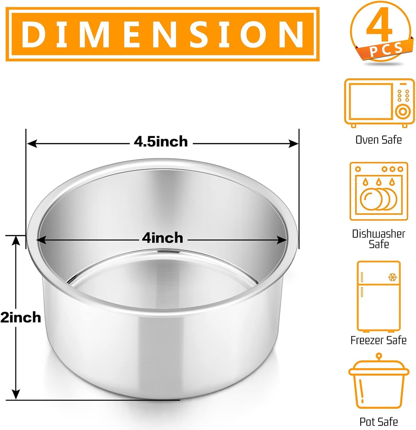 Cake Pan Set of 4, Stainless Steel Baking round Cake Pans Tins Bakeware for Birthday Wedding, Leak-Proof & Easy Clean, Mirror Finish & Easy Releasing, 4 Inch