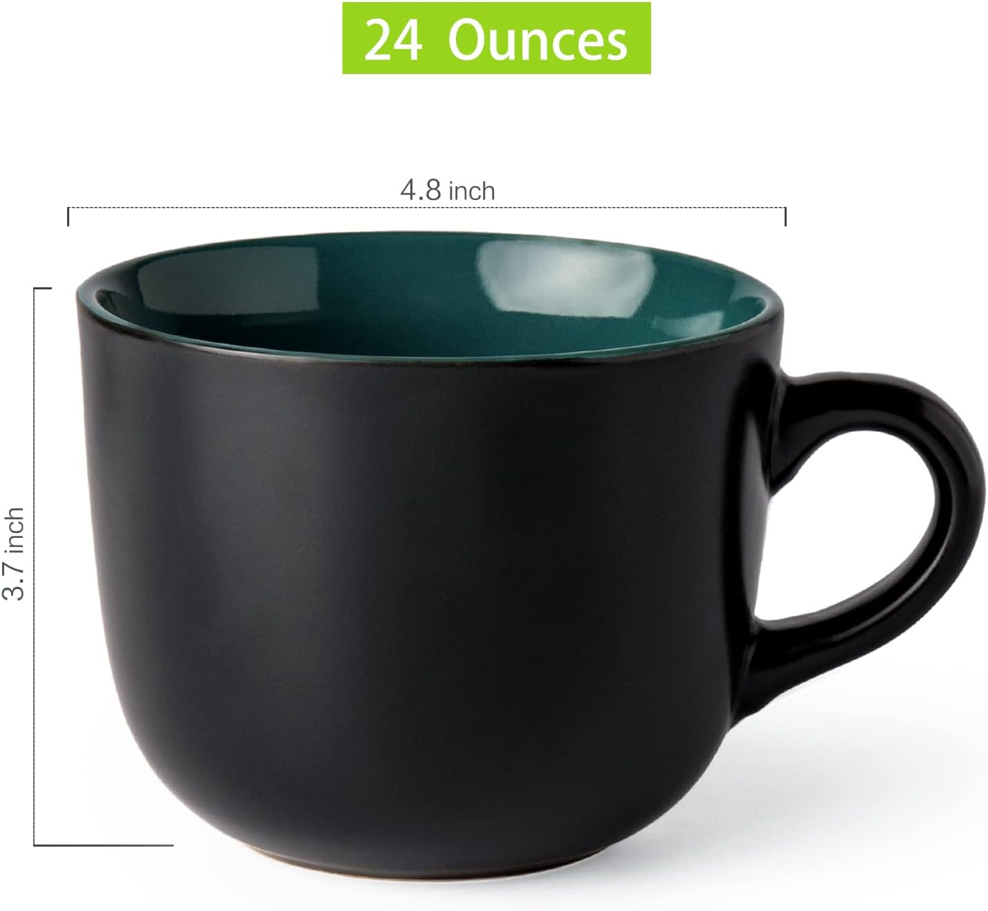 Set of 4 Jumbo Ceramic Soup Mugs with Handles, 24 Oz Capacity, Microwave and Dishwasher Safe - Green Interior