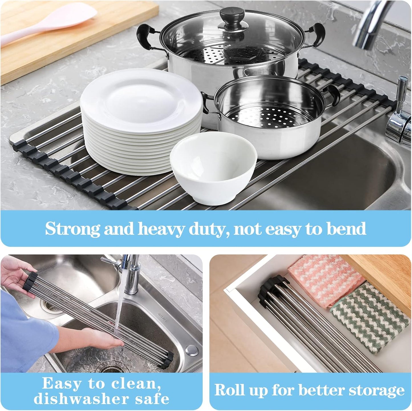 Roll up Dish Drying Rack over the Sink Drying Rack for Kitchen, Folding Dish Rack over Sink Mat, Stainless Steel Dish Drainer Rack Kitchen Organizer Accessories Black 17"X11.8"