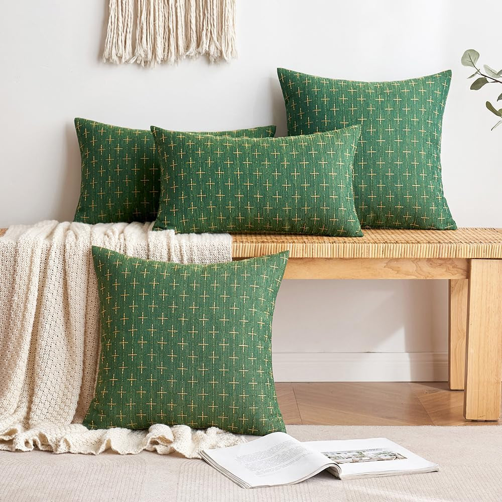 Pack of 2 Christmas Decorative Burlap Linen Throw Pillow Covers Modern Farmhouse Pillowcase Rustic Woven Textured Cushion Cover for Sofa Couch Bed 18X18 Inch Christmas Green