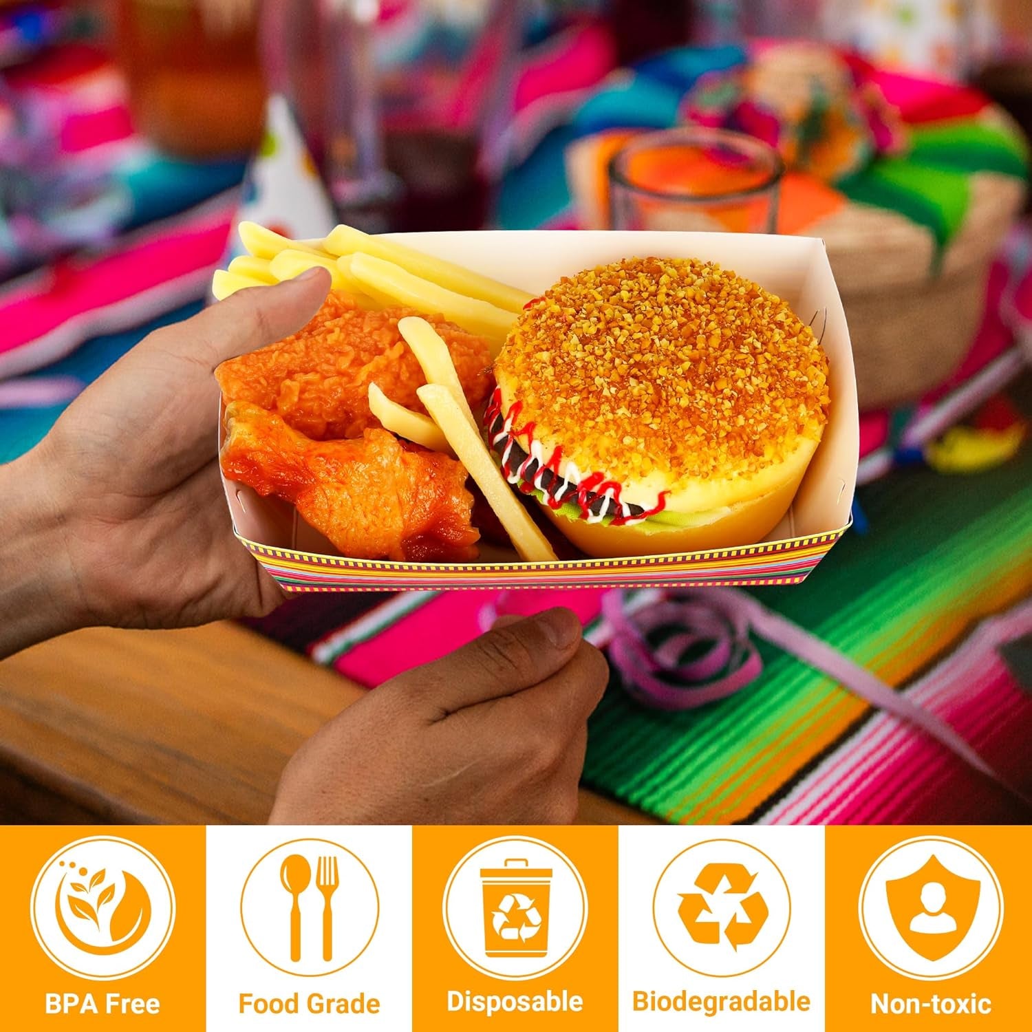 50 PCS Cinco De Mayo Decorations, Large Capacity Fiesta Plates, Serape Pattern Cinco De Mayo Paper Trays Mexican Food Trays Fiesta Hot Dog Trays, Disposable Mexican Theme Party Decorations