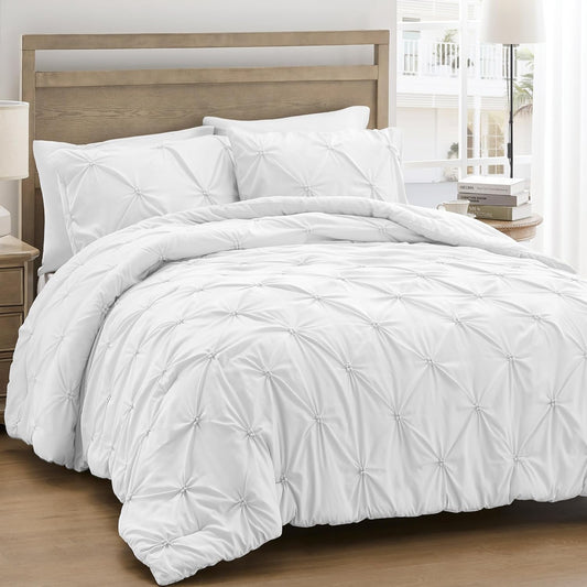 Queen Comforter Set White - Lightweight Soft Pintuck down Alternative Bedding Set for Summer, All Seasons, 3 Pieces Pinch Pleat Solid Bed Set with Comforter, 2 Pillowcases