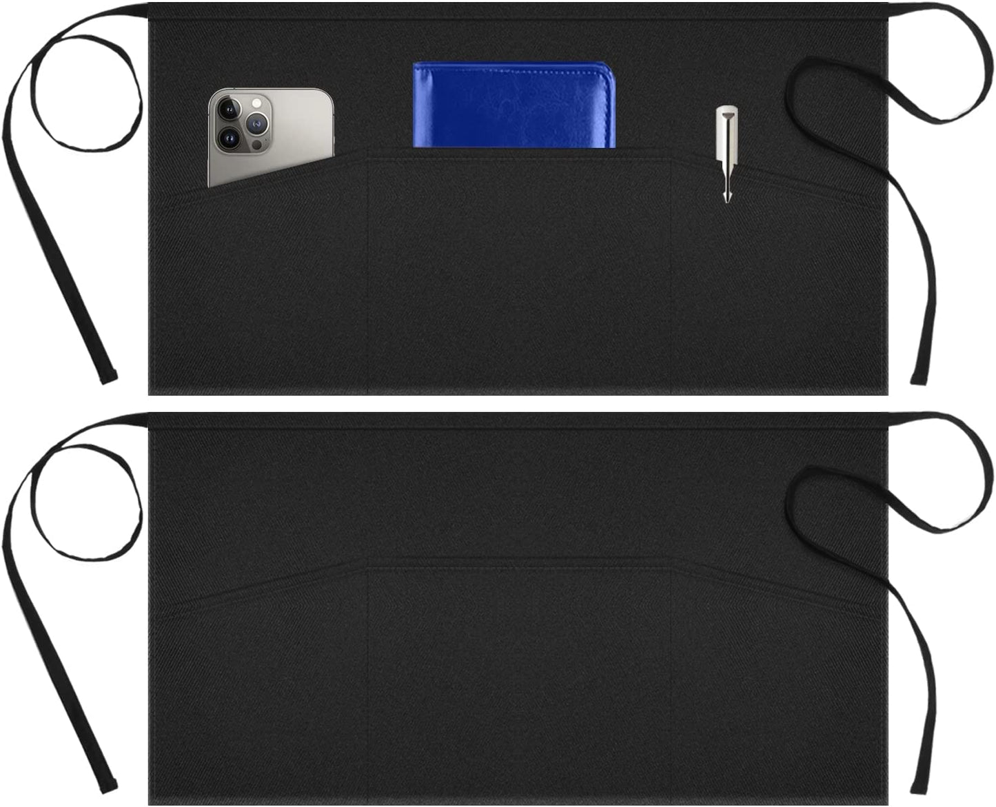 2 Pack Server Aprons with 3 Pockets, Waterdrop Resistant Waitress Waiter Waist Apron, 11.5-Inch Black