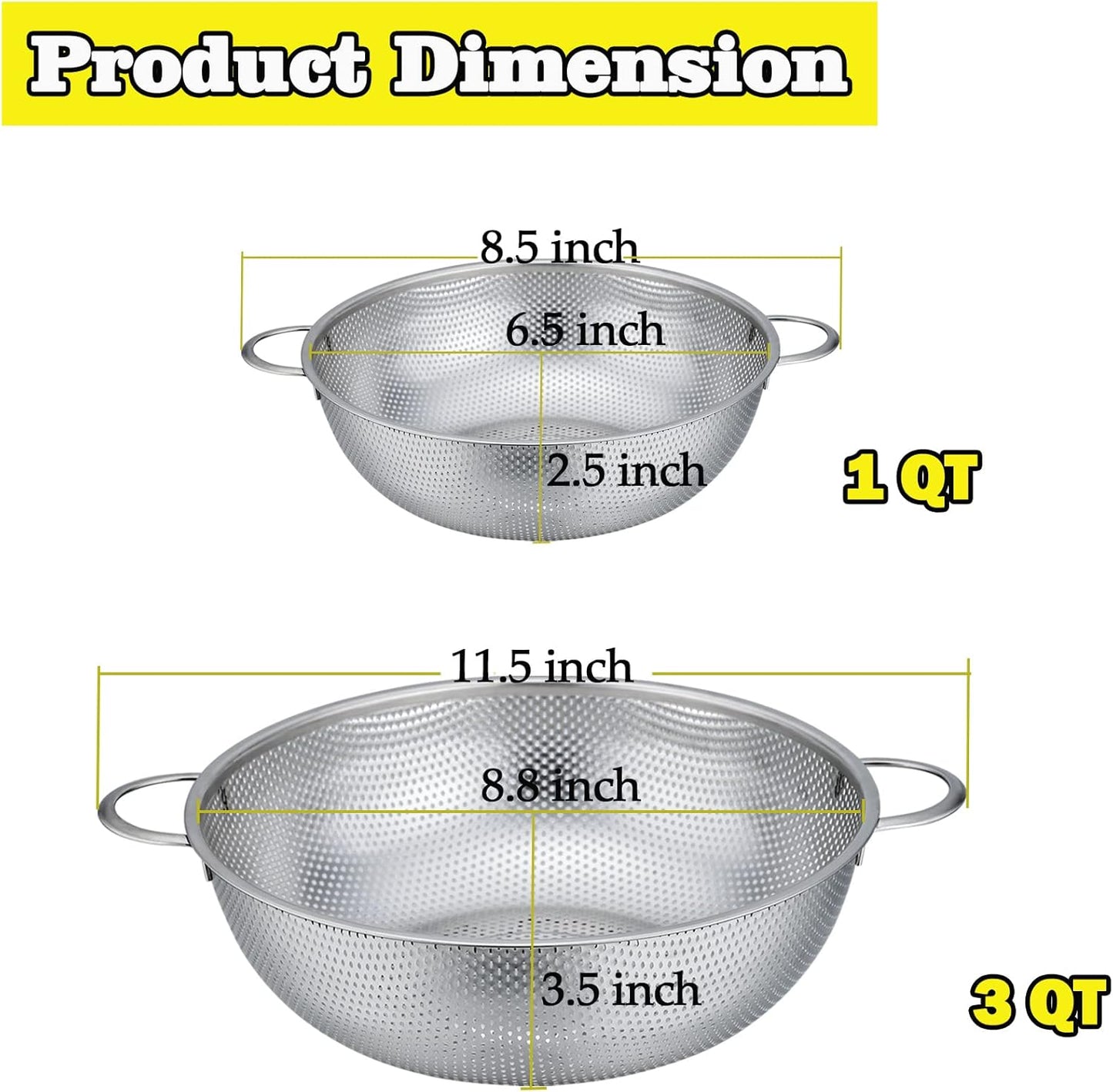 Stainless Steel Colander, Micro-Perforated Food Strainer with Handle for Washing Draining, Great for Pasta Fruits Vegetables, Dishwasher Safe & Healthy, 1 +3 Qt, 2Pcs