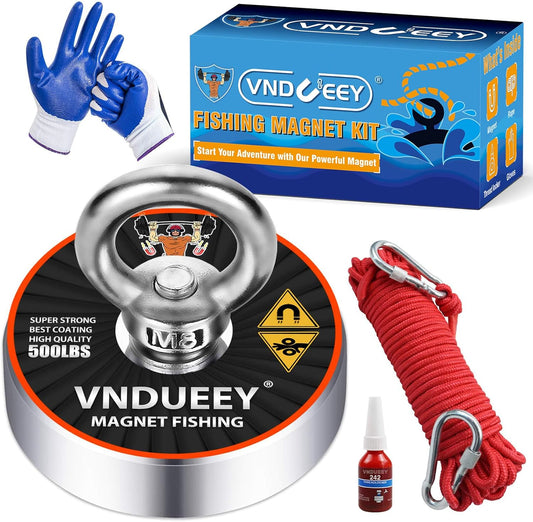 Heavy-Duty Magnet Fishing Kit - 500 lbs (227 kg) Pulling Force Magnet with 20M (65 ft) Durable Rope, Two Carabiners, and Non-Slip Protective Gloves